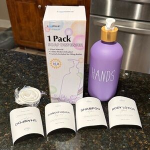 Purple Soap Dispenser with Labels. Brand new in box!
